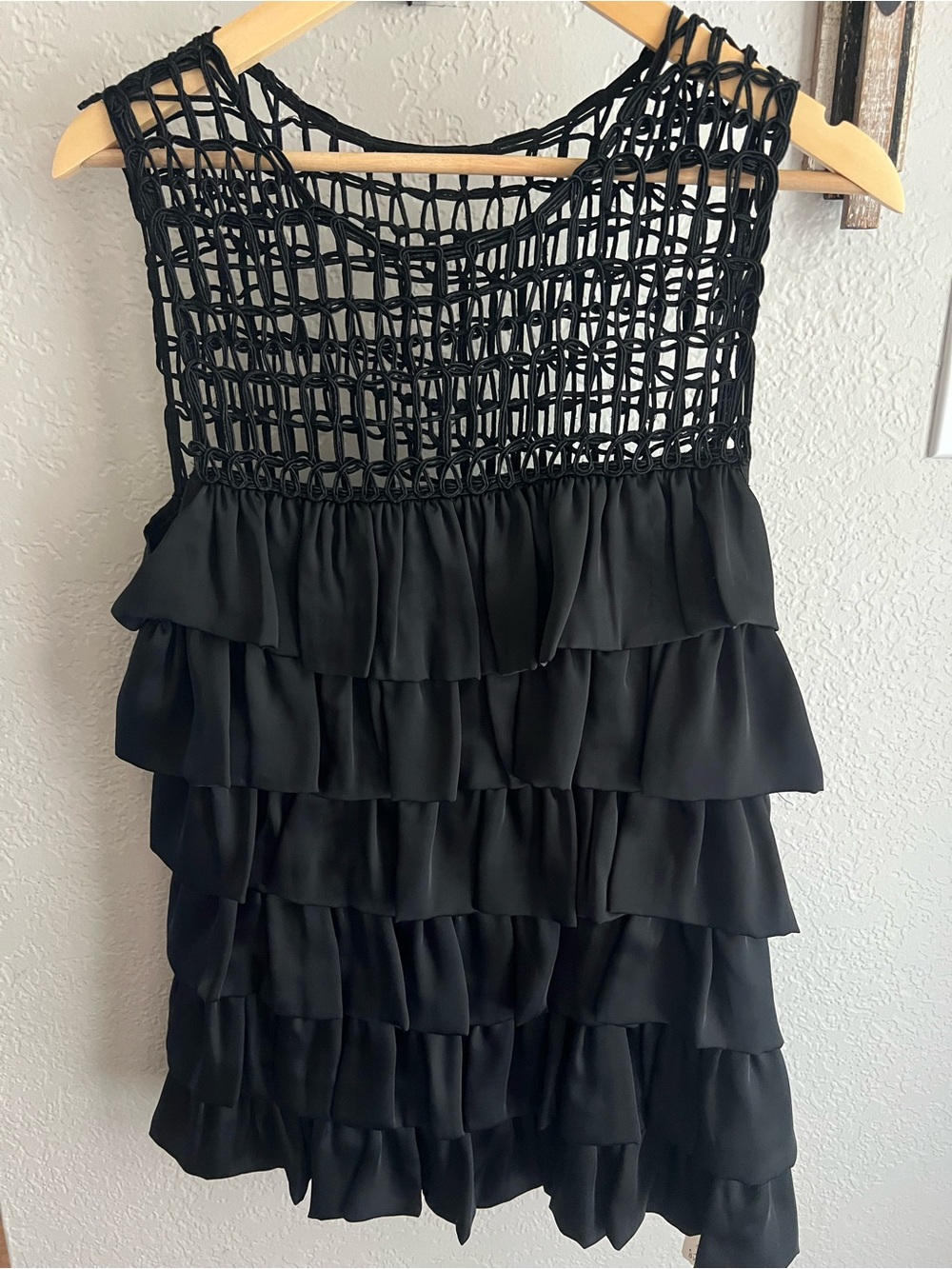 Twelve by Twelve Black Sleeveless Crochet Yoke Tiered Ruffle Top